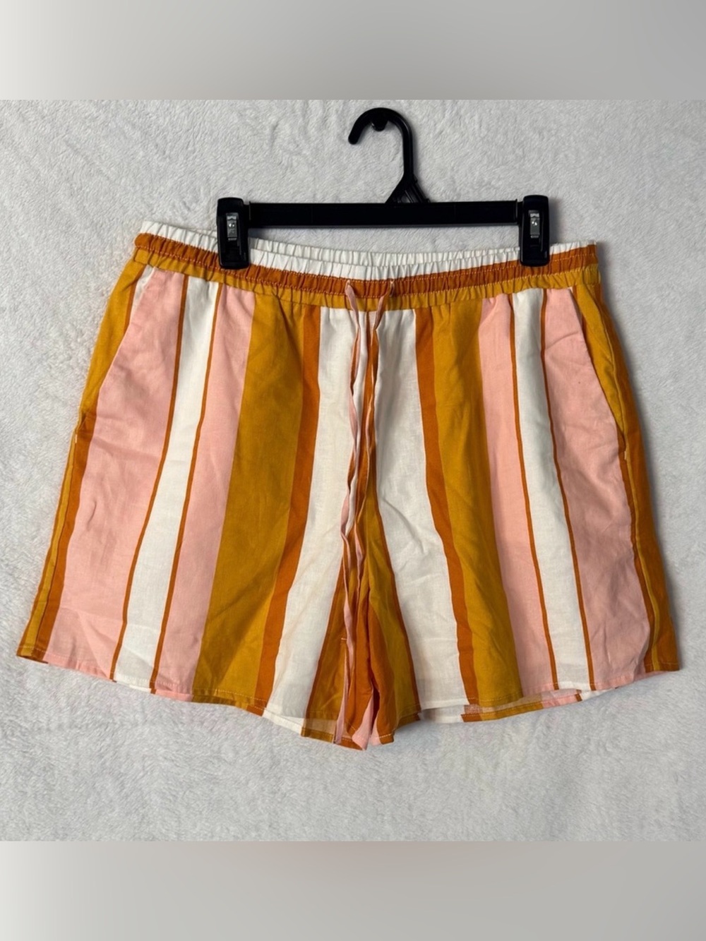 Women's Express Striped Drawstring Shorts - Pink, White & Mustard